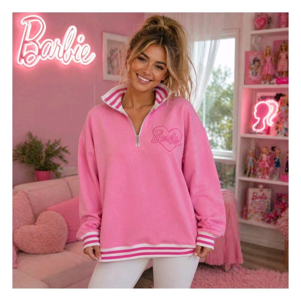 Barbie Pink White Varsity Style Pullover 1/4 Zip Embroidered Sweatshirt, Size XL